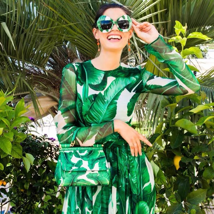 Summer Vacation Bohemian Long Beach Dresses Women Elegant Ruffles Sleeve Green Print Chiffon Maxi Dress Female 210421