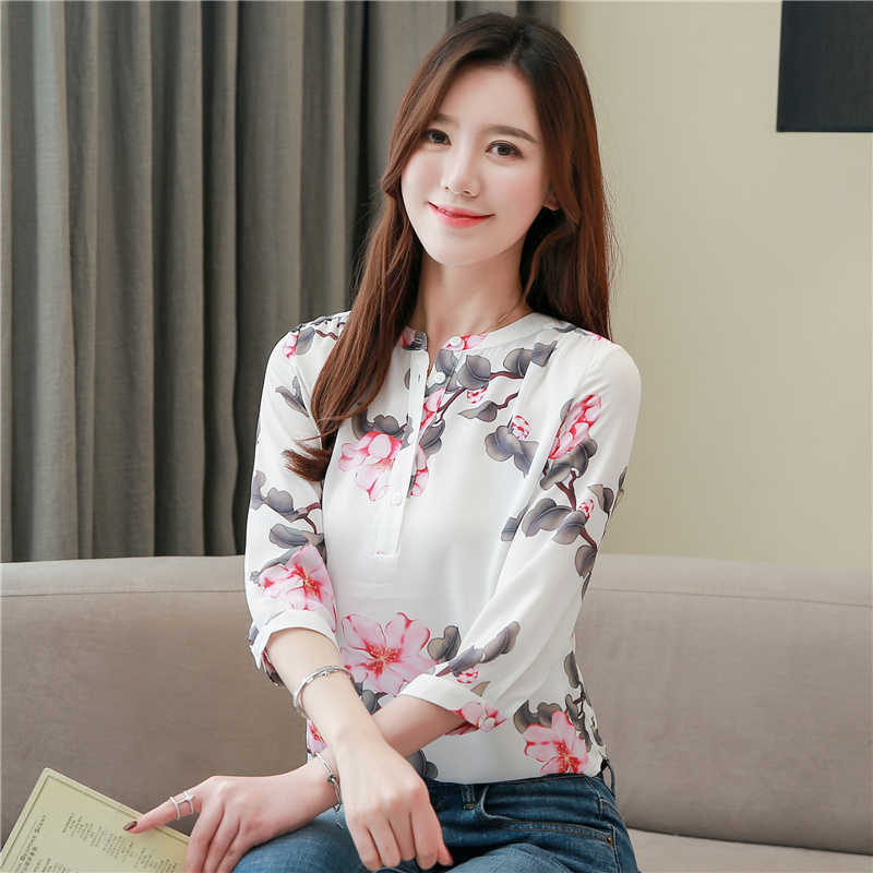 Korean Chiffon Women Blouse Shirts Office Lady Print Shirt Tops Plus Size Woman Floral Blusas Femininas Elegante 210531