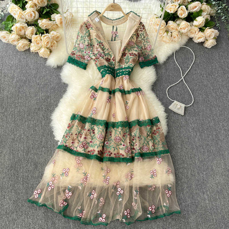 Women Fashion High Street Dress Wear Retro Round Neck Short Sleeve Embroidered Lace Mesh Elegant Vestidos De Mujer S472 210527