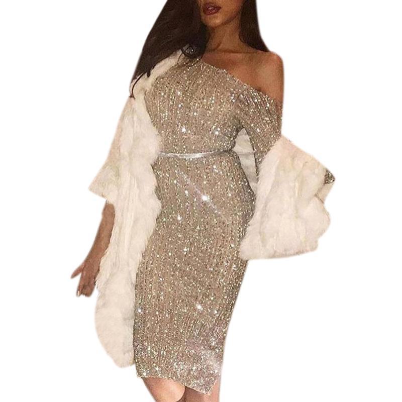 Vestidos Elegant Party Night Club Evening Dinner Bodycon Dresses For Women Sexy Long Sleeve Solid Sequin Ladies Dress