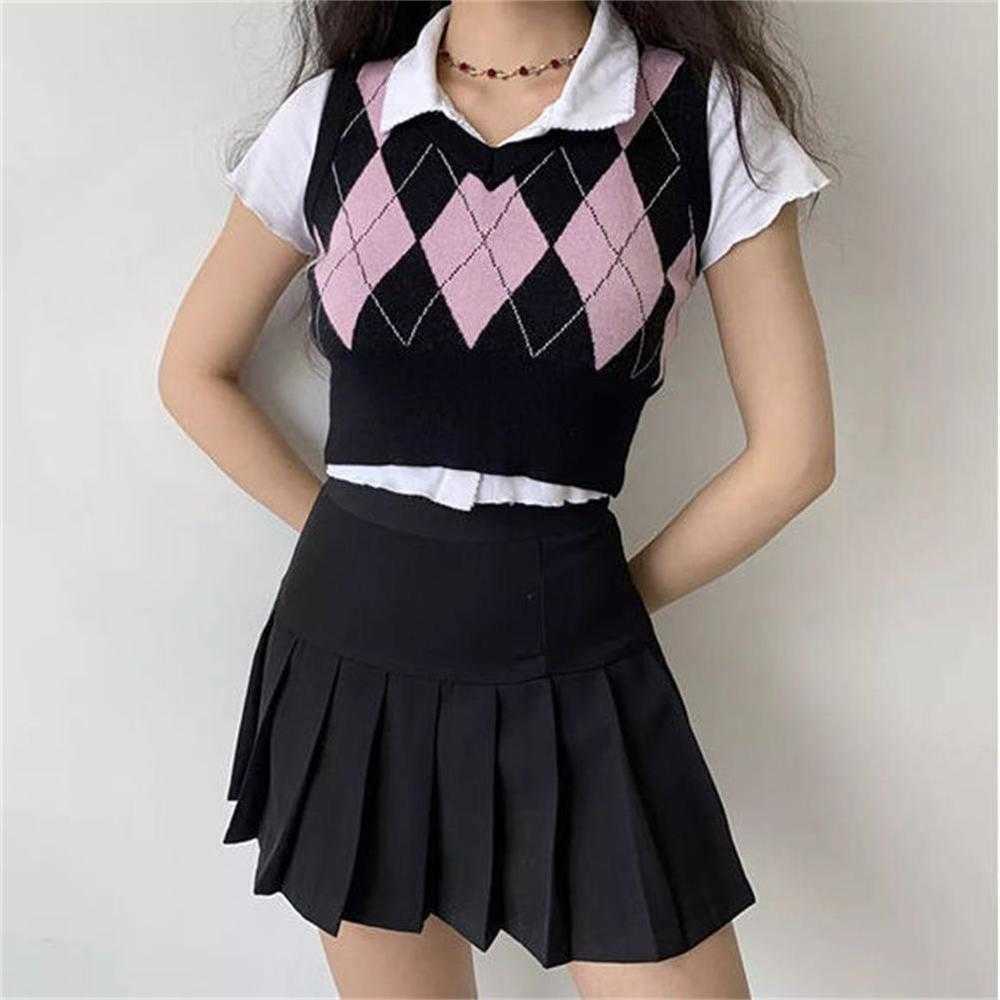 Vintage Plaid Sweater Vest Women V-neck Sleeveless Tank College Style Knitting Pullovers Tops for Daily 210819
