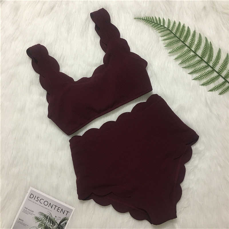 Women Swimsuit Scalloped High Waist Bikini Set Solid Two Pieces Plus Size Swimwear Biquini Tankini 210611