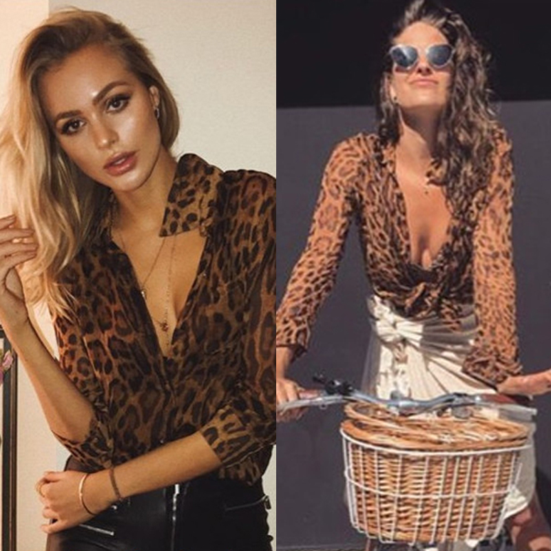 Fashion design womens european style perspective leopard print long sleeve chiffon blouse shirt SML