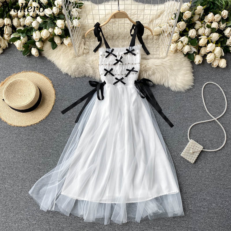 Sweet Dress Female Summer Strap Beading Lace-up Bow Slim Waist A-line Dresses Chic Elegant Ruffle Gauze Party 210519