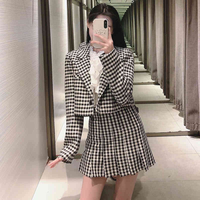 Women Black And White Plaid Cropped Top Blazer Single Button Elegant Chic Checked Suit Jacket Fashion Ladies Coat 210521