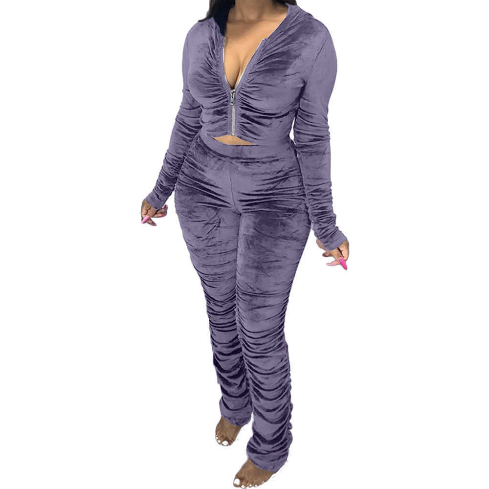 Selling Pleated Two Piece Suit Women's Long Sleeve Zipper Hooded Top+Elastic High Waist Pants Autumn Winter Casual Set 210604