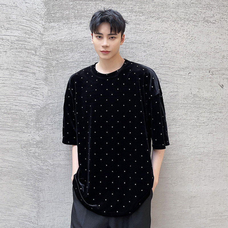 IEFB Men's Summer Black Velour Short Sleeve T-shirts Round Collar Drilling Dot Causal Tee Tops For Male 9Y7028 210524