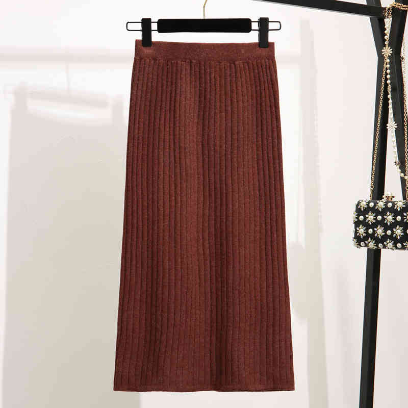 Solid Pleated Ladies Skirts Autumn Knitted Hip Women Office One-Step Winter Elastic High Waist Mid-Length 10369 210427