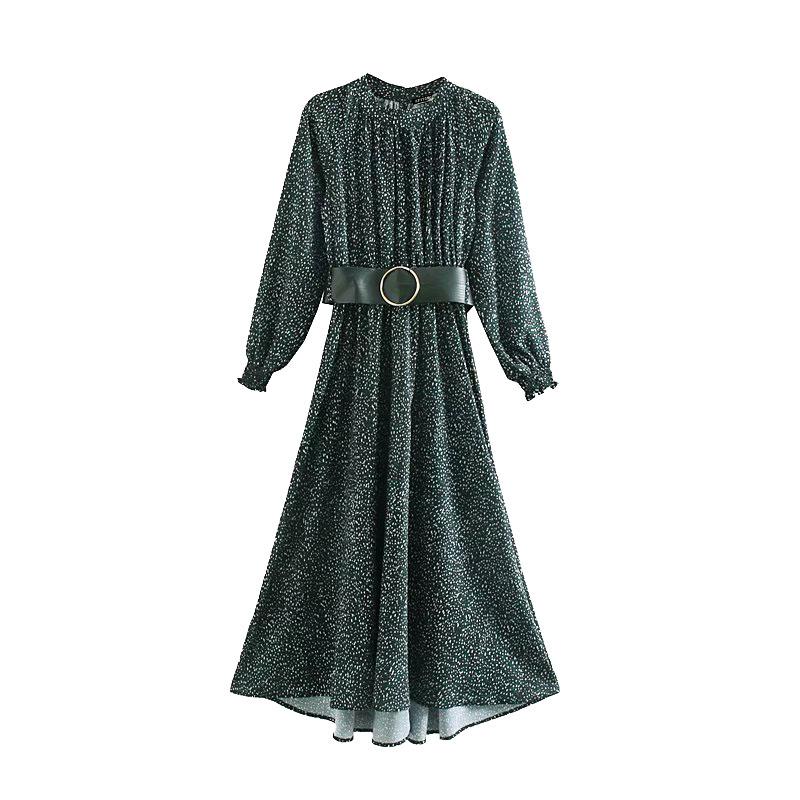 Women 2021 Chic Fashion Printed With Belt Maxi Dress Vintage Stand Collar Long Sleeve Female Dresses Vestidos Mujer Casual
