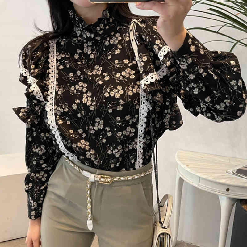 Nomikuma Floral Women Blouse Korean Lace Ruffle Patchwork Elegant Shirt Long Sleeve Stand Neck Pullover Top Blusa New 6E041 210427
