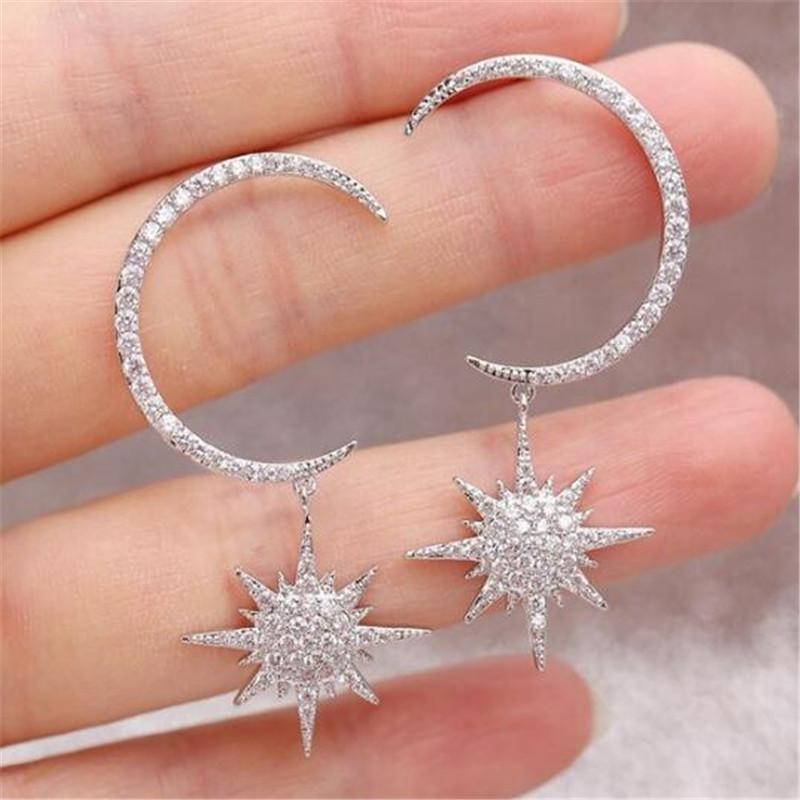 Choucong Unique Brand Moon Dangle Earring Sparkg Jewelry Sterg Sier Pave White Sapphire CZ Dia Women Wedding Star Earrings For Lover Gift