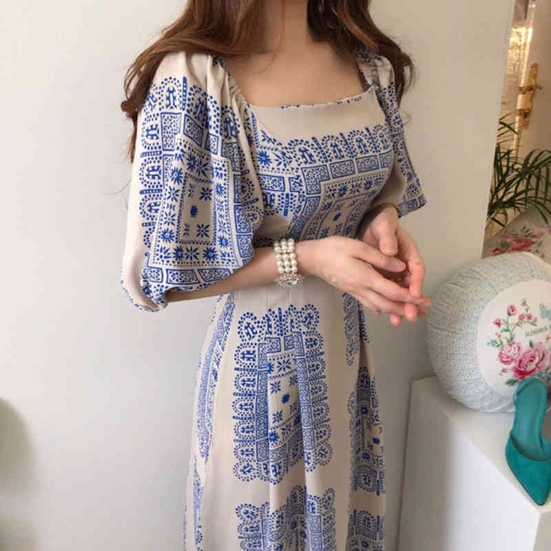 Summer Women Vintage Loose High Waist Slim Was Thin Elegant Square Collar Hir Color Maxi Dress 210506