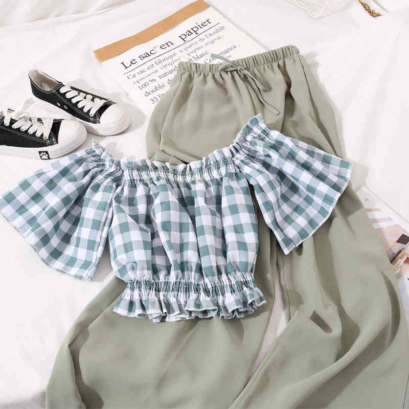 Summer Chiffon 2 Pieces Set Women Off Shoulder Plaid Crop Tops Blouse + Wide Leg Pants Casual Suit Korean Outfit 210519