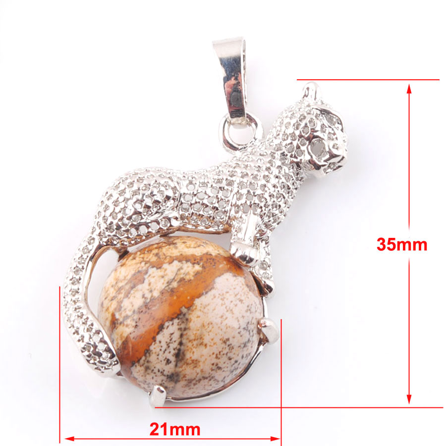 WOJIAER Cute Leopard Pendants for Round Gem Stone Natural Snow Amethyst Tigers Eye Healing Charm Jewelry BN373