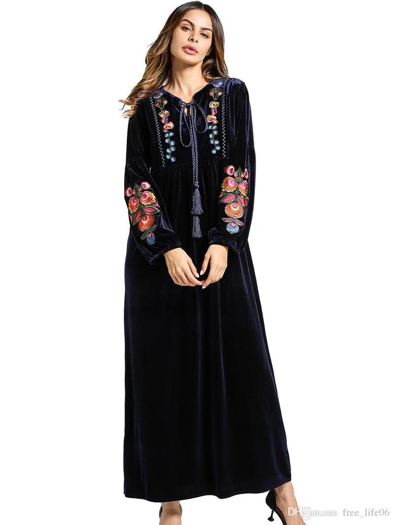 QNPQYX long sleeve Velvet Maxi long Dress women Autumn Winter Flower Embroidery warm tunics lace up collar muslim black dress, Navy blue
QNPQYX long sleeve Velvet Maxi long Dress women Autumn Winter Flower Embroidery warm tunics lace up collar muslim black dress, Navy blue