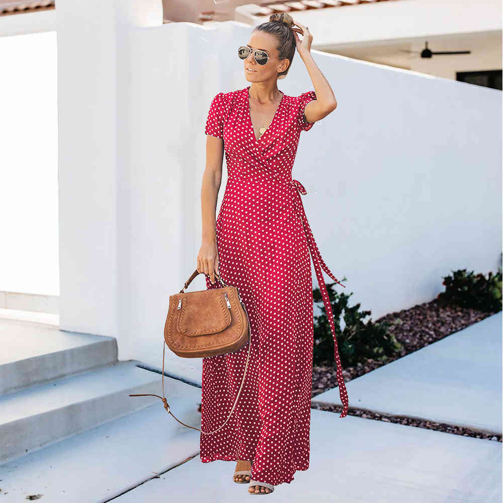 Casual Dresses Women Summer Polka Dot Printed Bohemian Beach Lady Sexy V-neck Sashes Short Sleeve Party Evening Maxi Long P170, Red
Casual Dresses Women Summer Polka Dot Printed Bohemian Beach Lady Sexy V-neck Sashes Short Sleeve Party Evening Maxi Long P170, Red