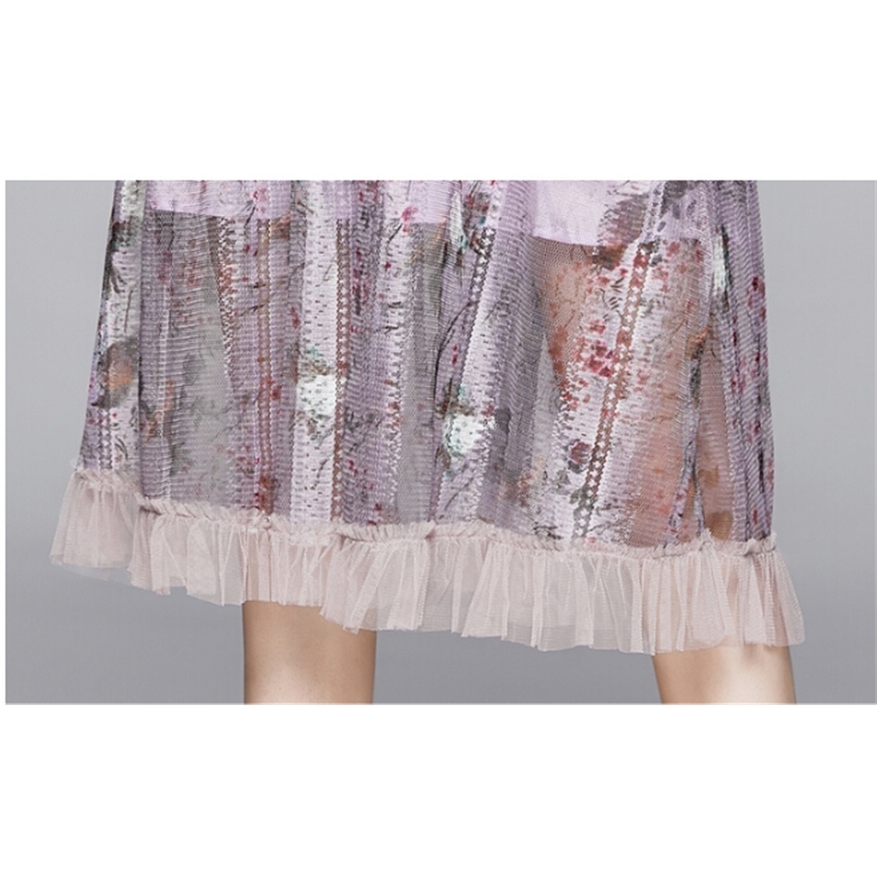 Spring Elegant Lace Mesh Print Dress Women's Ruffles Female Long Sleeve Big Swing Vestidos 210520
