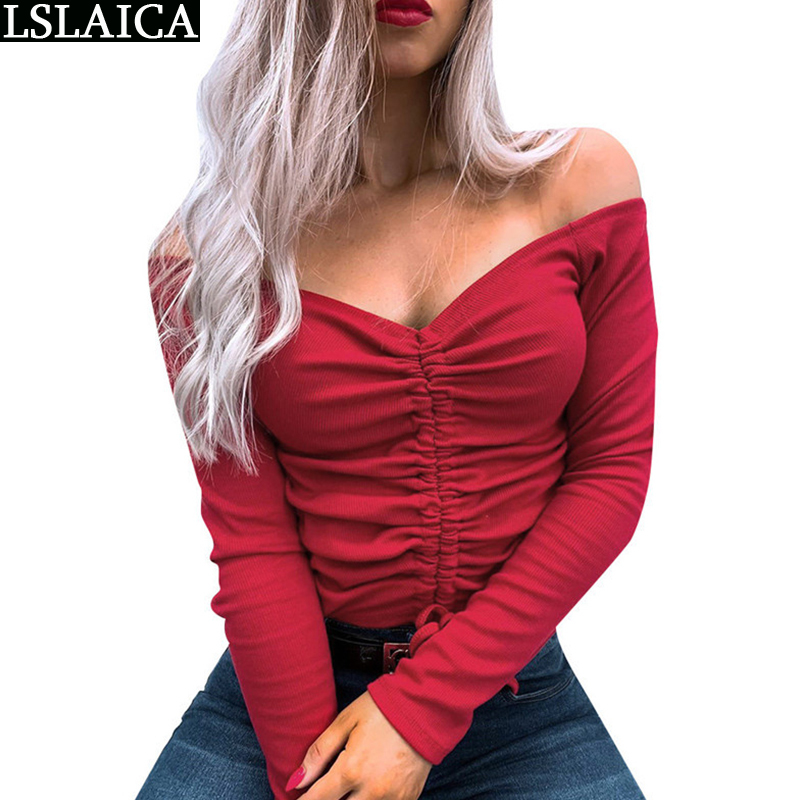 Women Blouses Fashion Ruched Drawstring Solid Lady Long Sleeve Crop Top Casual Autumn Sexy Slash Neck Woman Shirts High Street 210520