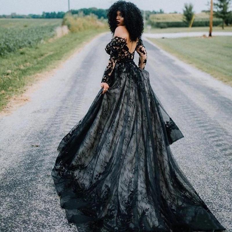 Black Long Sleeves Wedding Dresses Bridal Gown Lace Applique Tulle Sweep Train Scoop Illusion Neck Custom Made Gothic Plus Size Vestido De Novia 2021 