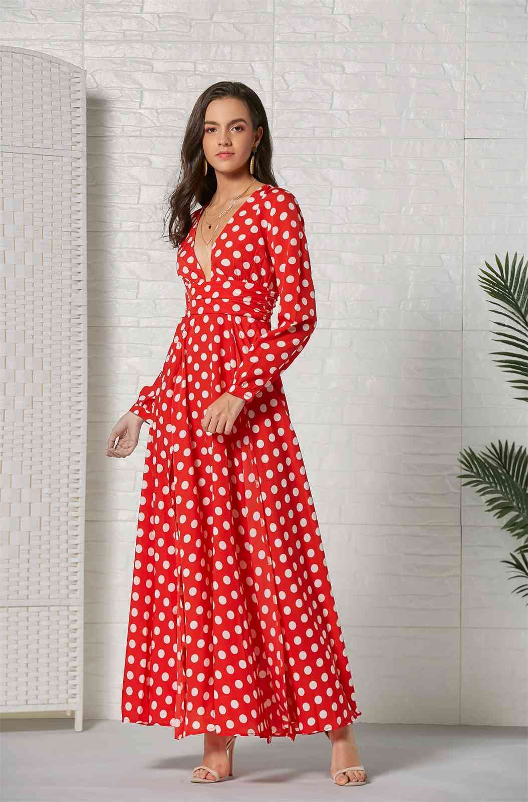 Z-ZOU Women Dress Deep V Neck Dot Printed Bohemia es Sexy Long Sleeve Maxi High Waist Split Plus Size es 210513