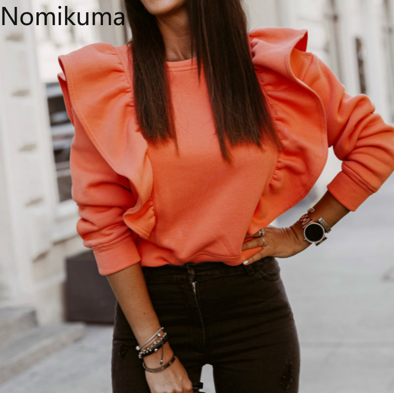 Nomikuma Fleece Long Sleeve Pullover Sweatshirt Korean Sweet Ruffle Patchwork Top Jumer Causal O-neck Women Hoodies 6D843 210427