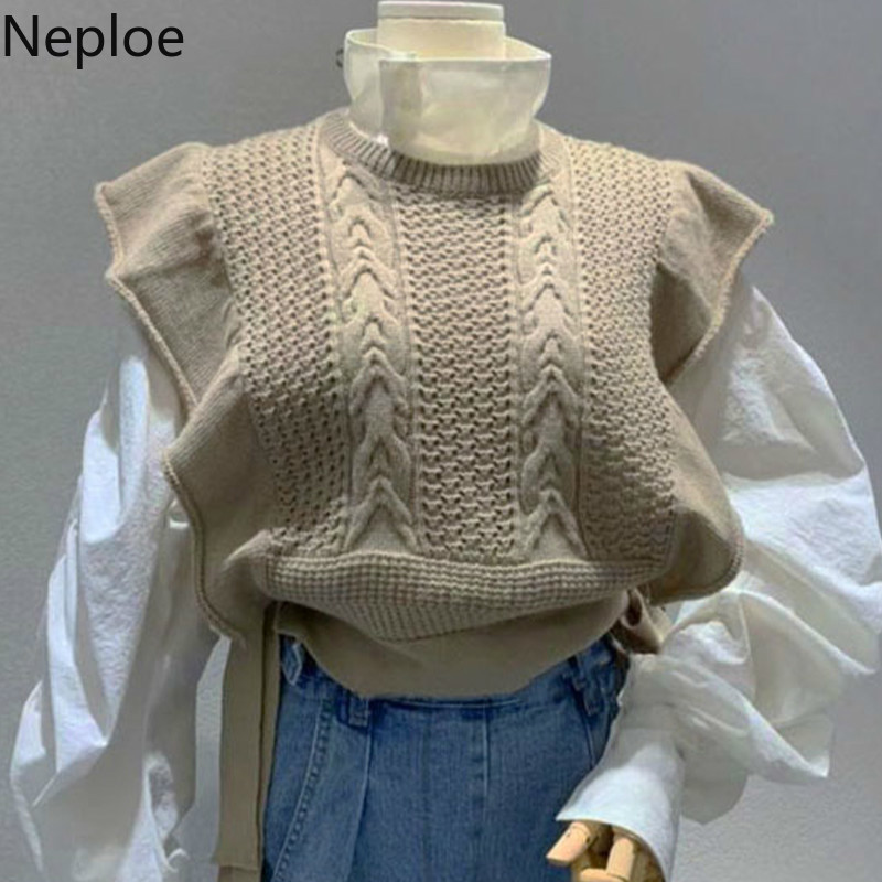 Neploe Korean Fashion Knitwear Sweaters Vest Loose O-neck Ruffles Lace Up Pullovers Tank Knit Ribbed Cropped Waistcoat Tops 210422