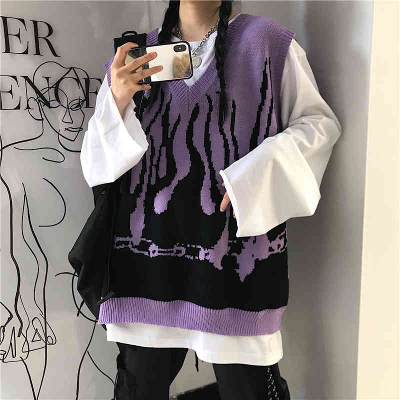 Sleeveless Knitted Sweater Tank Women Vest Vintage Flame Jumper Harajuku Streetwear Casual Woman Man Gilet Korean Fashion 210519