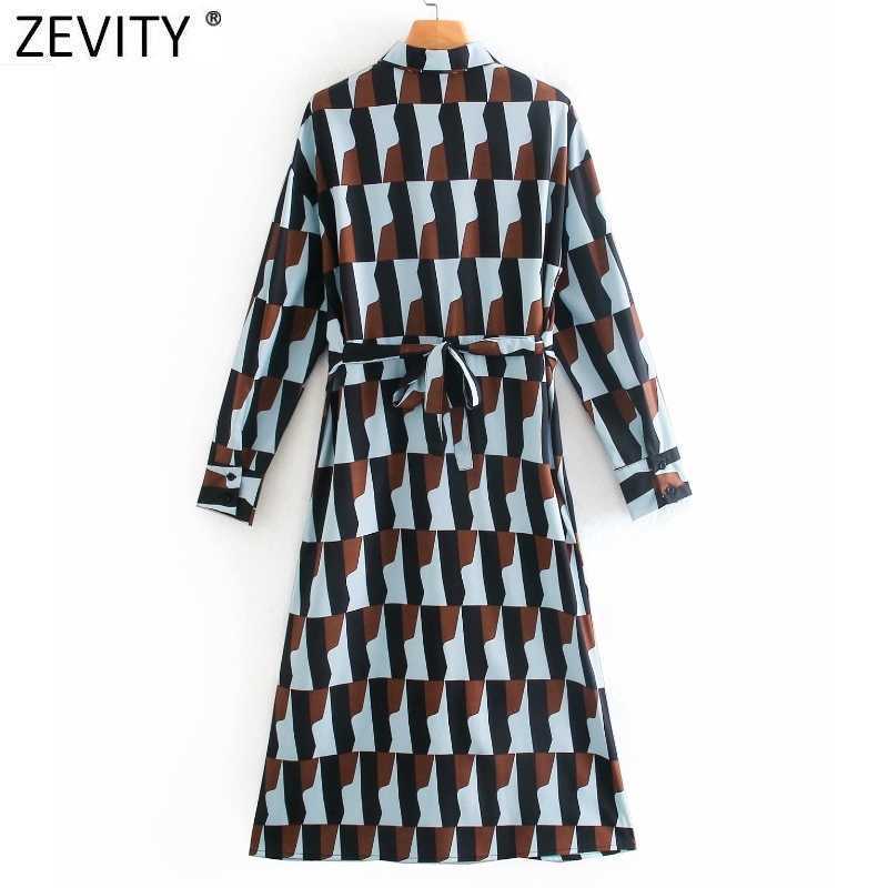 Zevity Autumn Women Vintage Contrast Color Geometric Print Bow Tied Sashes Midi Dress Ladies Chic Long Sleeve Vestido DS4768 210603