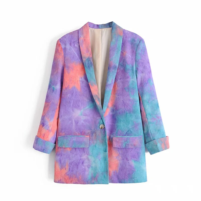 Wonder Vintage Women Tie Dye Blazers Elegant Patchwork Long Blazer Jacket Casual Female Chic Outwears 210510