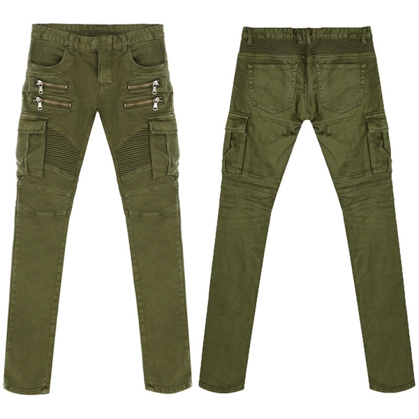 Mens Skinny Runway Distressed slim elastic jeans hiphop Washed Green Black Zipper Pockets Denim Biker Pencil Solid jeans X0621 - view 5