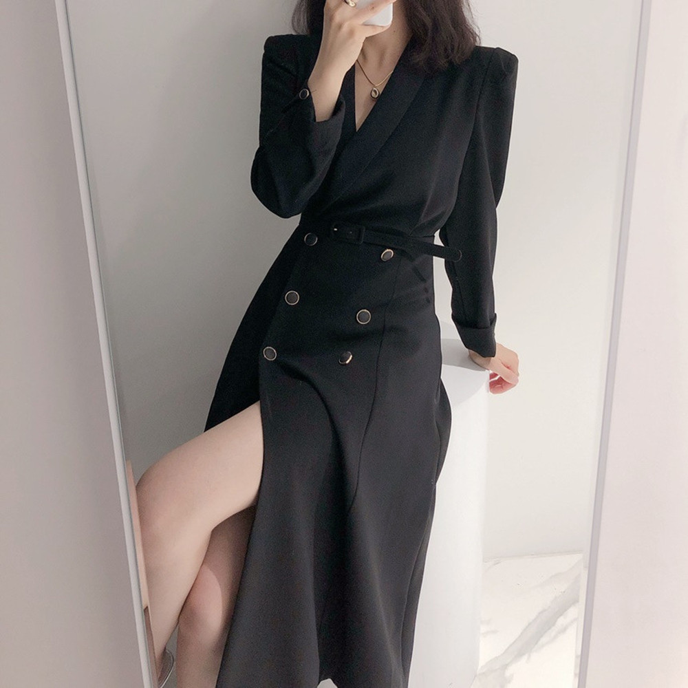 Autumn Elegant For Women Turn-Down Collar Office Vestidos Lady Double-Breasted Long Dresses 210520