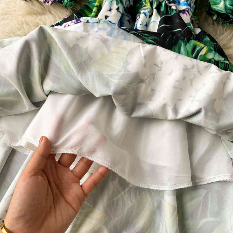 est Floral Print Knee-length Vacation Dress Sexy Off shoulder Puff sleeve Elastic waist A-line Hydrangea Green 210525