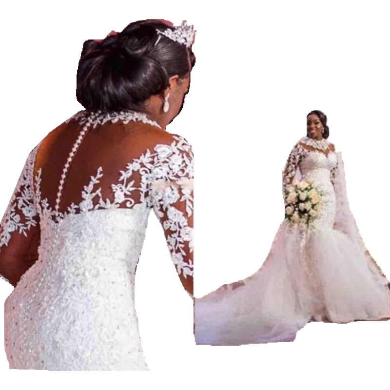 Luxury Crystals Mermaid Wedding Dresses Bridal Gowns Long Train Appliqued Floral Lace Beaded Illusion Full Sleeves African Bride Dress Custom Made