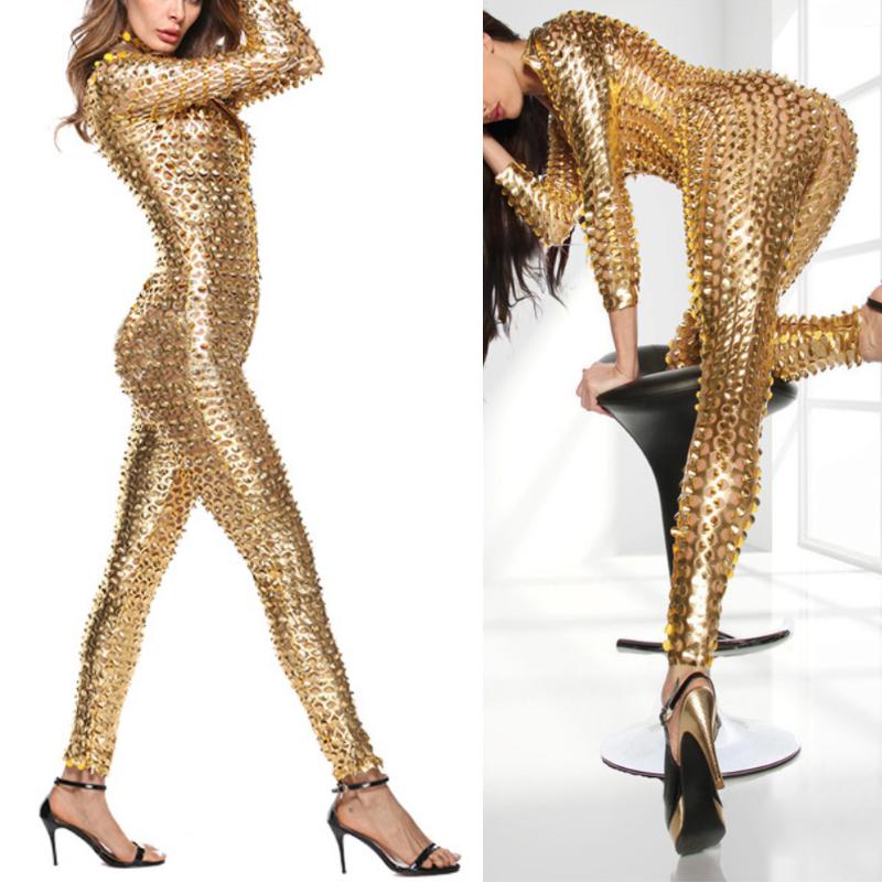 Women Mesh Hole Zipper Faux Patent Leather Tight Jumpsuit Nightclub Bodysuit And One-piece Design Women's Pants & Capris