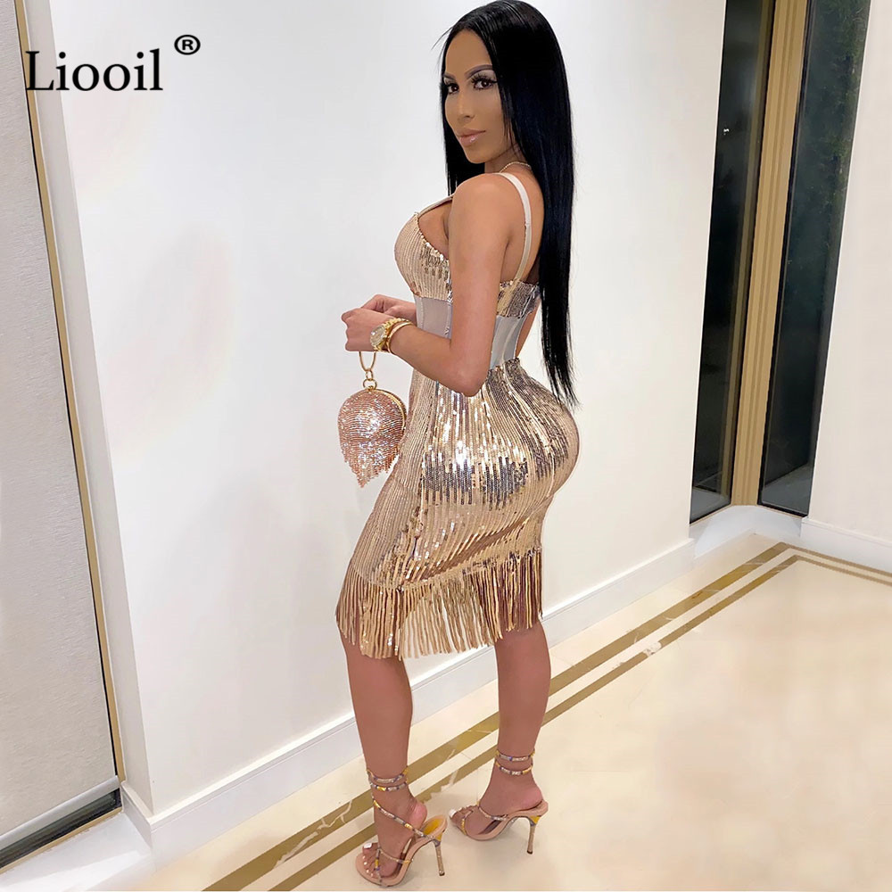 Liooil Gold Black Sequin Mesh Sheer Sexy Bosycon Midi Dress With Tassel Sleeveless Strapless Night Club Party Women Dresses 210409
