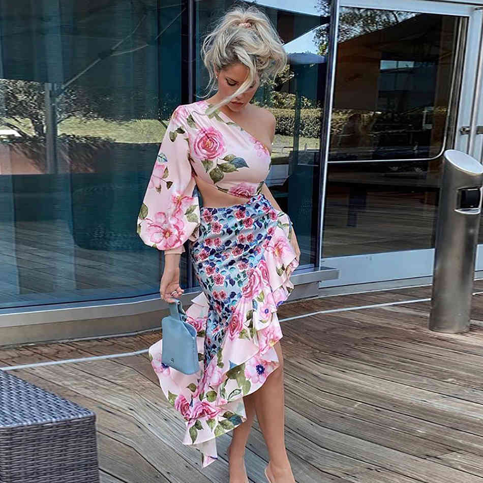 Free Printed Skirt Set Women Sexy Slanted Shoulder Lantern Long Sleeve Top & Irregular Ruffled Midi Two-piece 210524