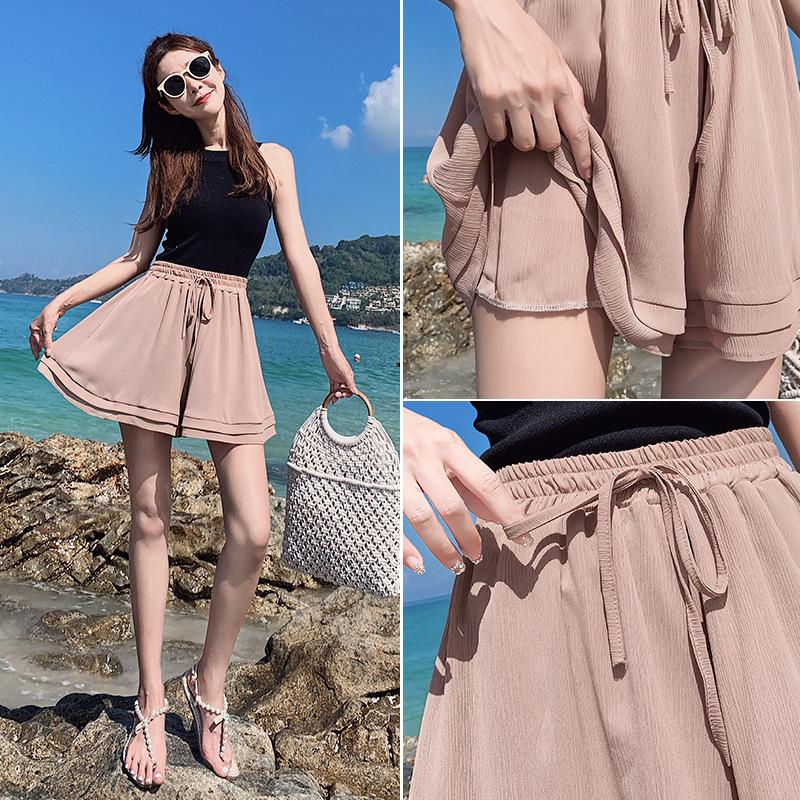 Women Summer Koren Style Chiffon Shorts Female Loose Cotton Solid Flare Elastic Waist Casual Bow Short Pants Pink Black Women's