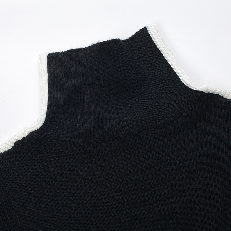 [DEAT] Black And White Patchwork Long Sleeve High Collar Color Contrast Two Sides Wear Y2k Clothes Mall Goth Spring GX380 210428