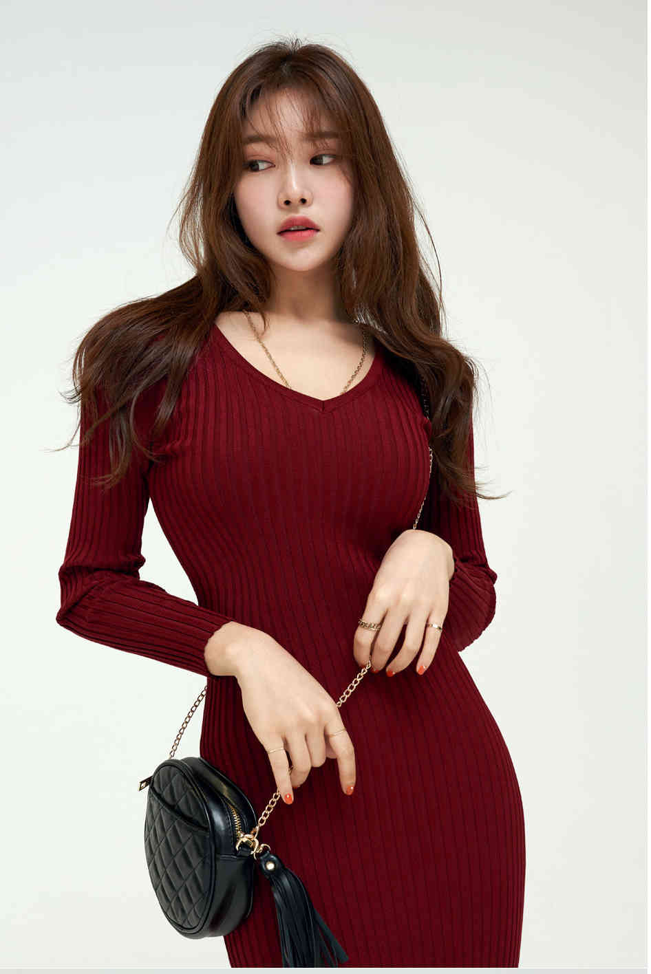 Women Autumn Winter Knitted Dress V Neck Sexy Slim Elastic Bodycon Long knit Warm Sweater es Vestidos 210519