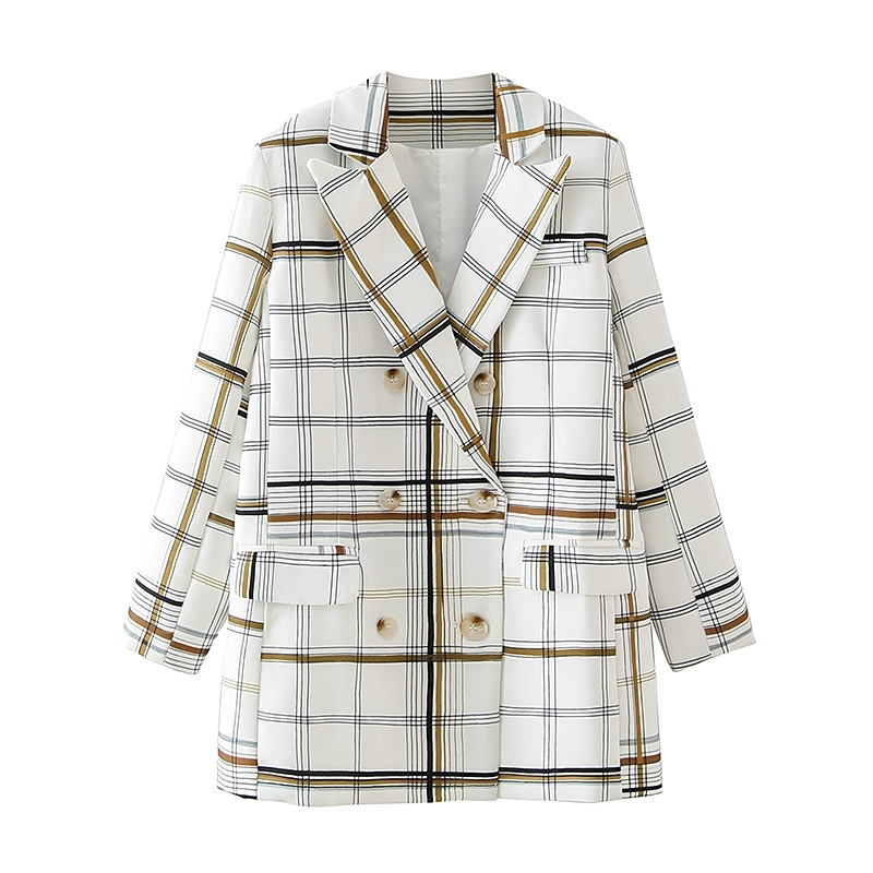 elegant women fashion double breasted blazer office ladies pocket jackets casual female plaid suits girls chic sets 210430