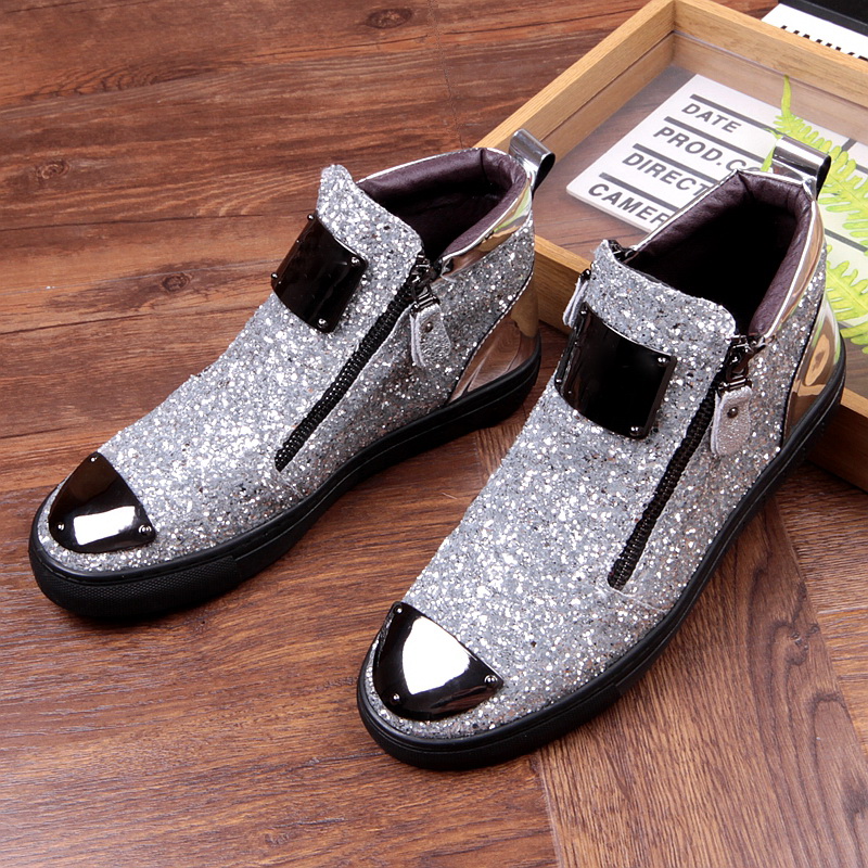 Gold Leather Men Sneakers Punk Casual boots Hip Hop Male High Tops Zip Ankle Boots Flats Zapatillas Hombre