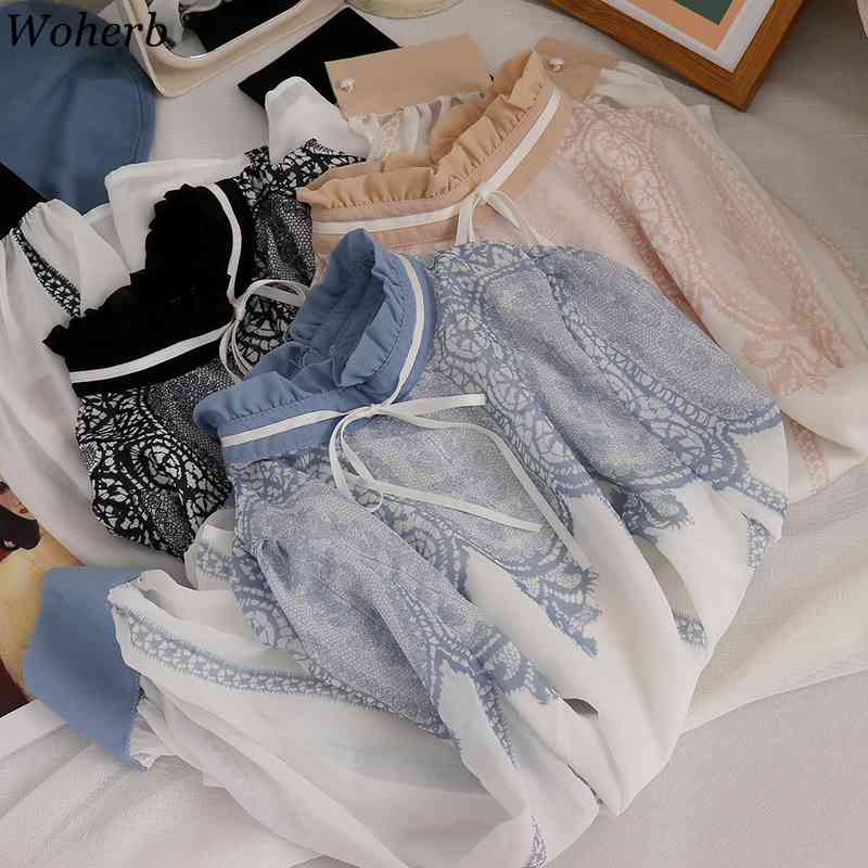 Women Fashion Chic Chiffon Shirt Summer Lace Patch Elegant Long Sleeve Blusas Vintage Stand Collar Blouse Clothes 210519