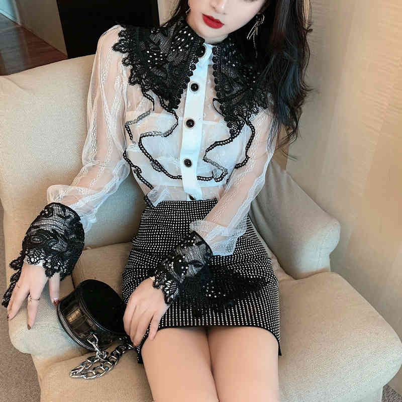 arrival Spring Two-Piece Set Women Sweet Sexy Perspective Long Sleeve Ruffles Shirt And Bodycon Mini Skirt Outfit 210519