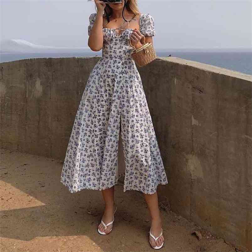 Women Fashion Puff Sleeve Lace Up High Split Dress Vintage Ladies Cottagecore Tallulah Blue White Floral Midi Drop 210623
