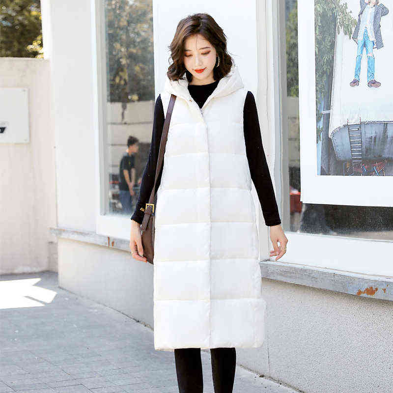 Hooded Solid Winter X-Long Thick Vest Jacket for Women Casual Loose Down Cotton Waistcoat Quilted Zipper Sleeveless 211130