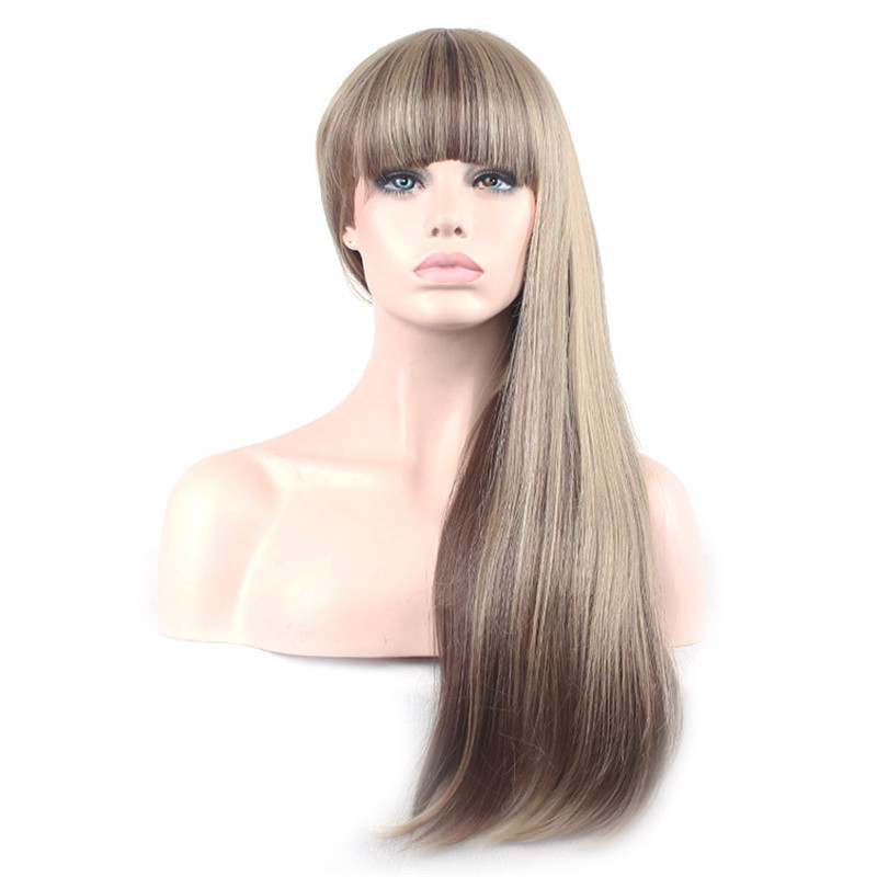 Synthetic Wig With Bangs Female Cosplay Women's Wigs Long Straight Hair Ombre Blonde Black Mix Color Dark Brown