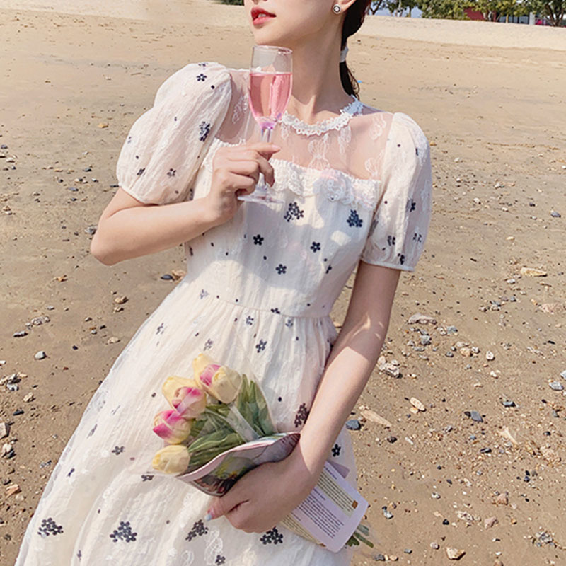 Summer Elegant Vintage Dress Women Casual Beach Party Dress Korean Short Sleeve Floral Midi Dress Female Lace 210521