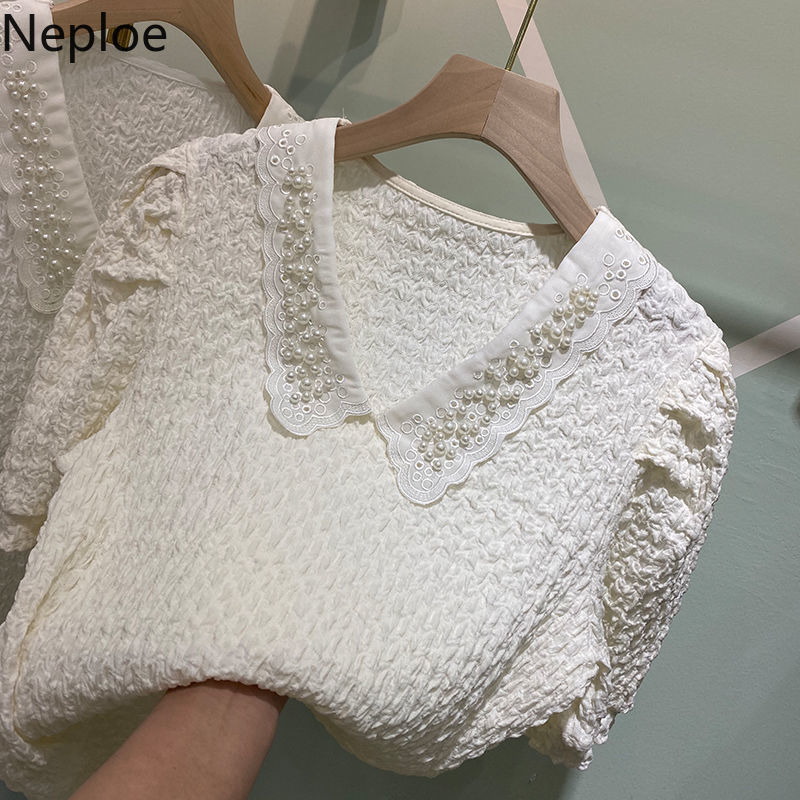Neploe Blouse Women Summer Blusas Female Peter Pan Collar Heavy Beading Shirt Korean Fashion Pleated Tops White Blouses 210422