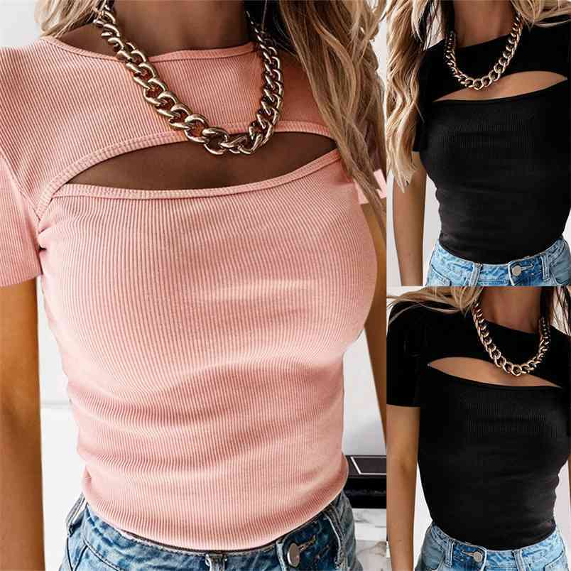 Sexy Solid T-Shirts Women Summer Fashion Streetwear Short Sleeve Black Pink Tops Elegant Hollow Out O Neck Slim T-shirts Ladies 210522