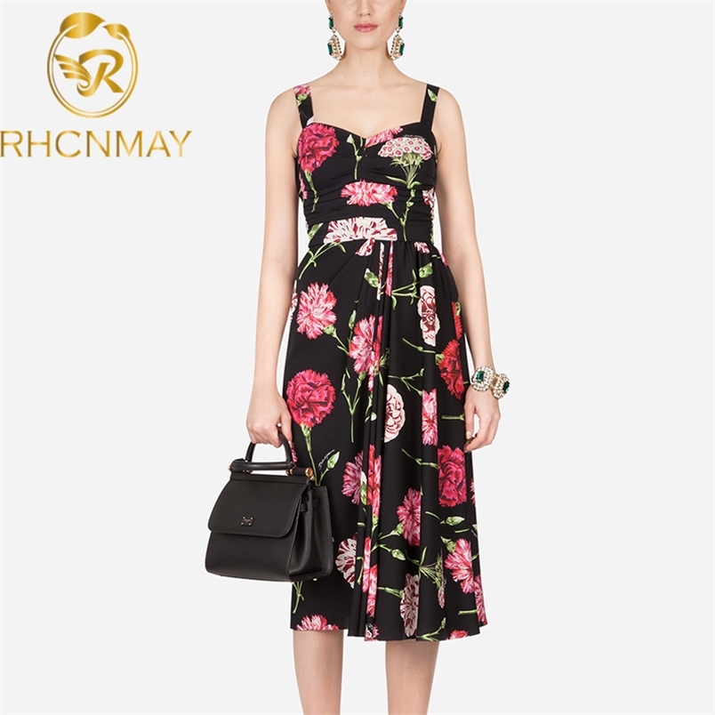 Arrival Summer Women's Runway Dresses Spaghetti Strap Floral Printed Ruched High Street Fashion Casual Mid Calf 210506
